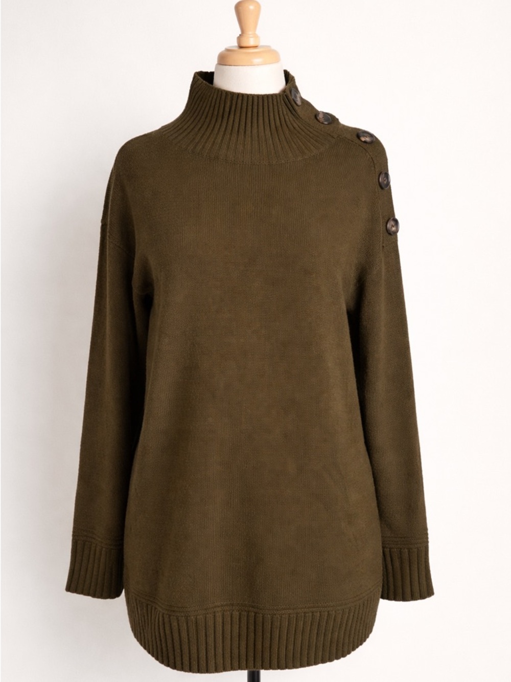 Anthropologie Margarita Tunic Sweater Moss Green Mock Neck Button Shoulder NWT M - Picture 7 of 16